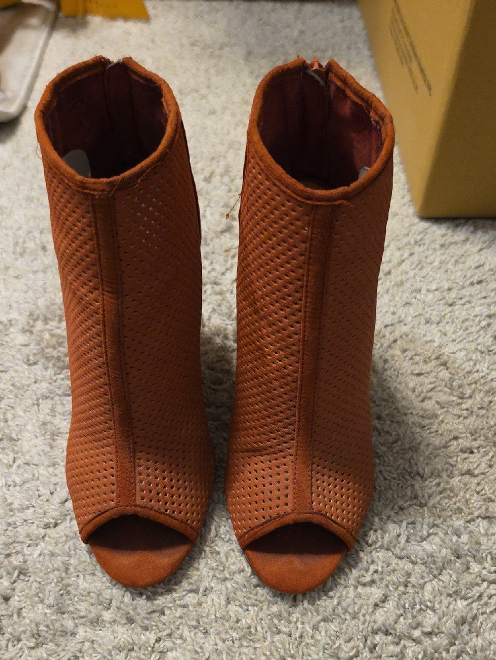Leila Stone Open-Toe Perforated Ankle Boots in Rust Orange